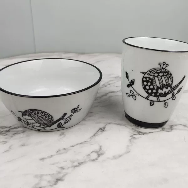 Ceramic bowls and cups with underglaze decoration, ceramic bowls and cups, water cups, dishwasher and microwave safe, rice bowls