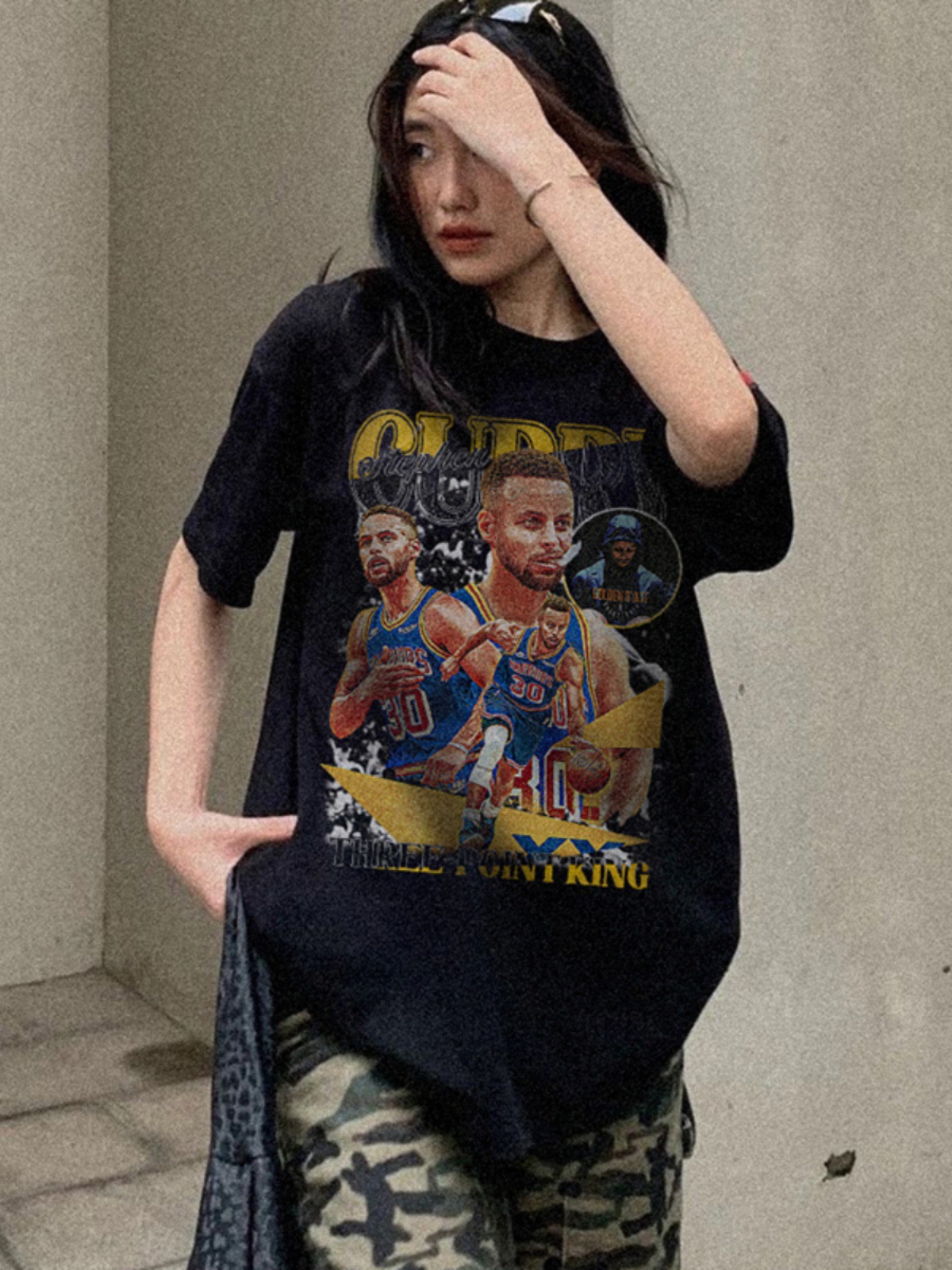 Verano nuevo Curry estilo americano impresión retro baloncesto camiseta de mangas cortas suelta pesada lavado con agua hacer viejos hombres y mujeres t