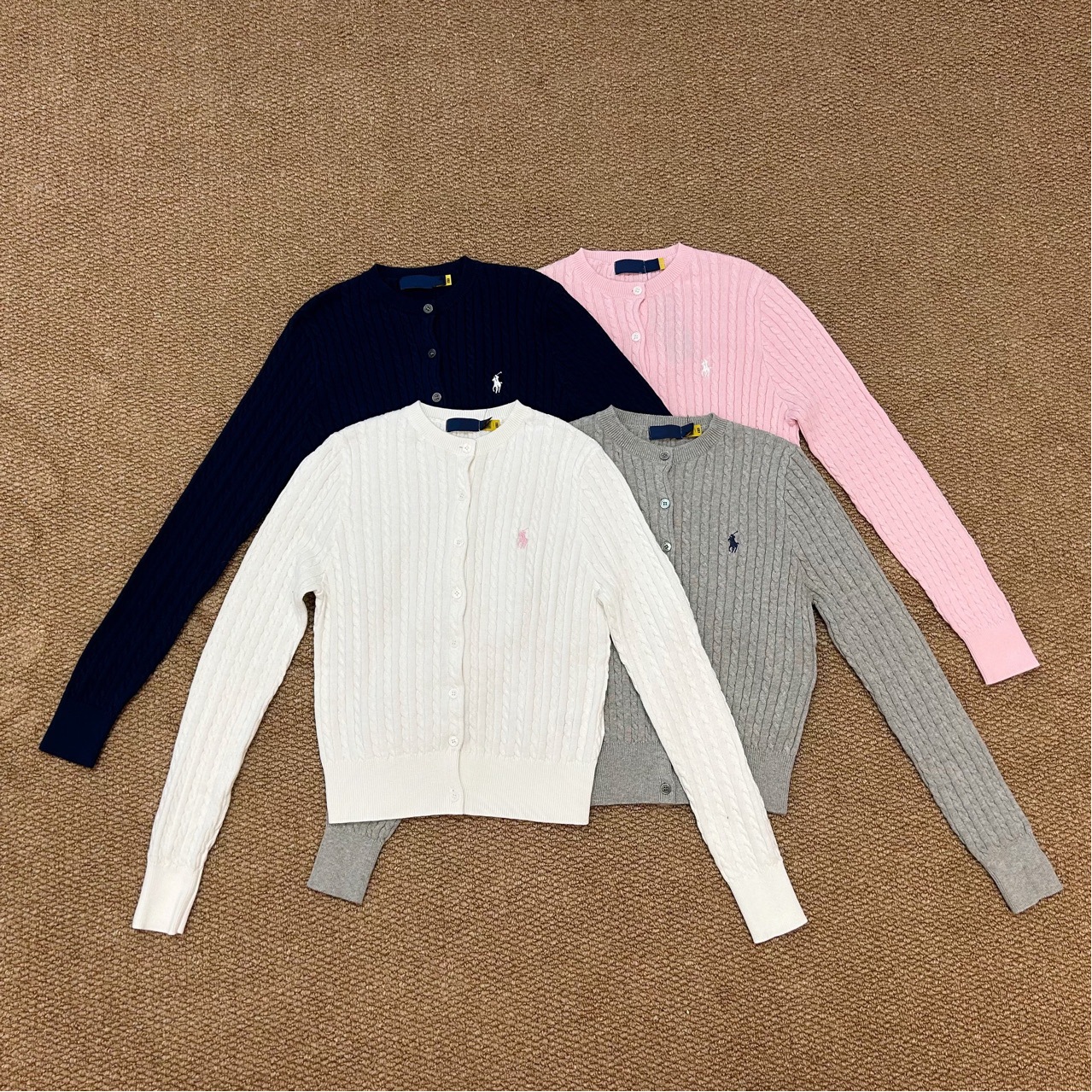 RL Ralph logo embroidered cable knit cardigan, round neck, short style, slimming knitted coat.