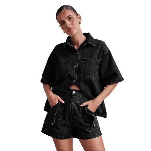 2025 Summer Amazon Cross-border European and American Women's Casual Retro Loose Shirt and Denim Shorts Set for Women