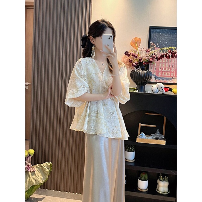 大码胖mm法式V领灯笼袖晕染剪花衬衫女夏季优雅宽松显瘦衬衣上衣|undefined