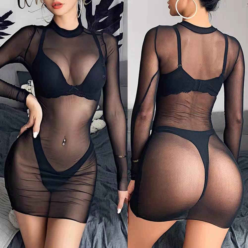 Más tamaño de punto malla cuello redondo manga larga falda la cadera Europa y América ins mujeres primavera sexy perspectiva negro vestido