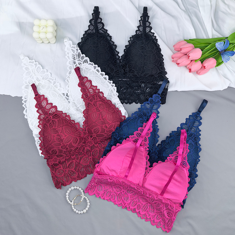 Bra de espalda francesa sexy de encaje de copa triangular envuelto en el pecho de la mujer sin marcas sin anillo de acero de la ropa interior del pecho