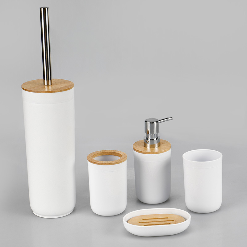 Cubierta de bambú baño de lavado de plástico de cinco piezas de fábrica al por mayor de almacenamiento de inodoro titular de cepillo de dientes conjunto de cinco piezas