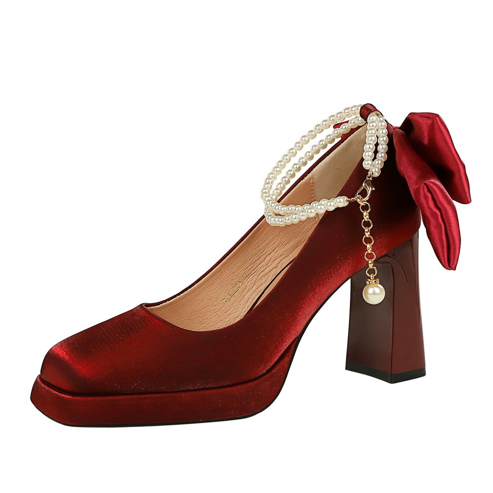 French Style Square Toe Platform High Heel Pumps With Pearl Chain_voghion.com
