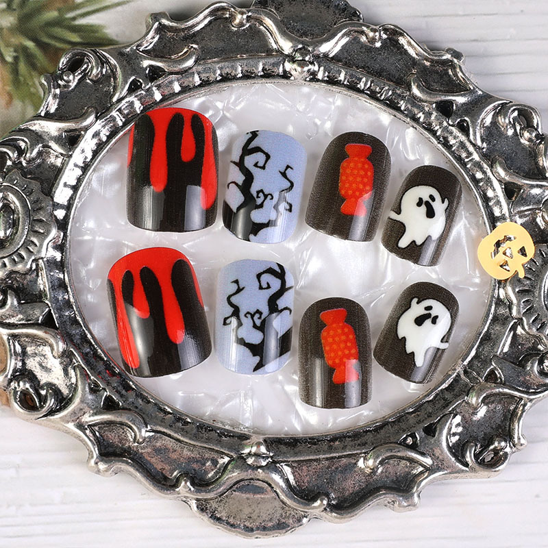 Uña de Halloween manicure rosa caramelo amor negro estrella luna fantasma blanco diamante uñas