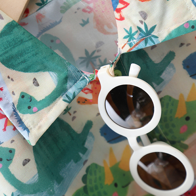 7182 Traje de camisa de dinosaurio para niños 2025 nuevo estilo estilo occidental verano de manga corta ropa de dibujos animados ropa de verano Han Fan para niños
