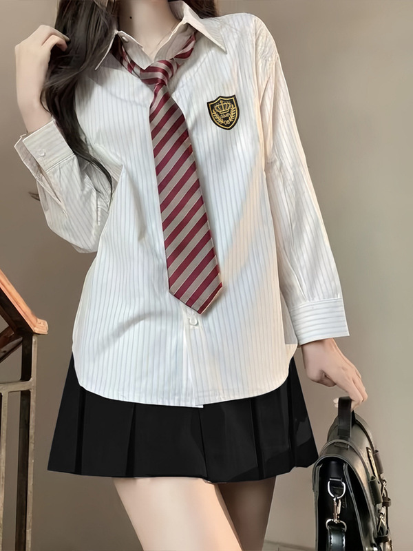 蓝色条纹衬衫上衣女春秋外穿百搭学院风韩系衬衣jk制服百褶裙套装|undefined