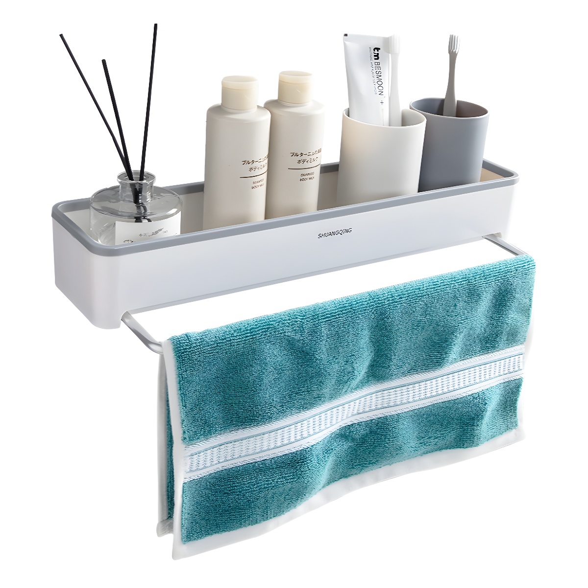 Estante de almacenamiento para baño, toallero de plástico montado en la pared sin perforaciones, estante de almacenamiento para encimera de baño y cocina