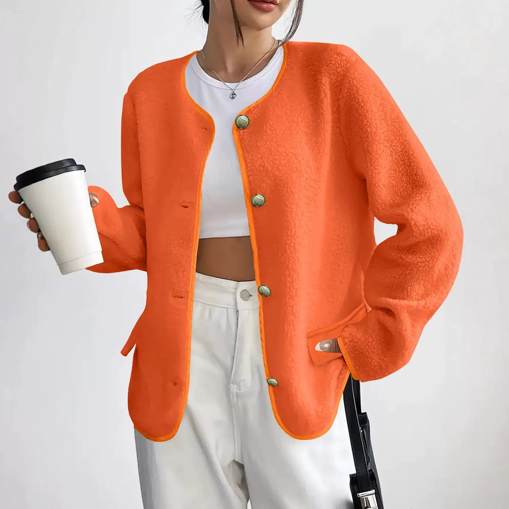 欧美跨境肌理感小香风舒适休闲毛呢外套冬季新款名媛风短款上衣女