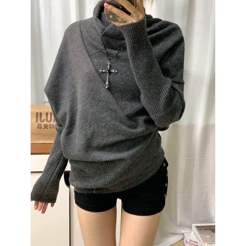 American Retro Bat Sleeve Turtleneck Gray Knitwear for Women 2025 Autum New Pullover Knitwear Design Top