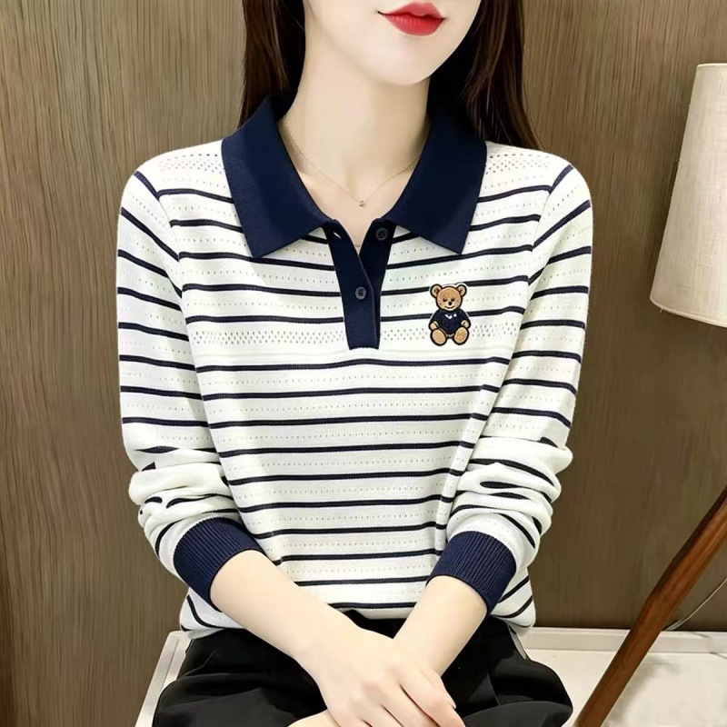 About 2531 new long-sleeved knit sweater for women, polo collar, striped design, bear embroidery, pullover top, plus size About 2531 new long-sleeved knit sweater for women, polo collar, striped design, bear embroidery, pullover top, plus size