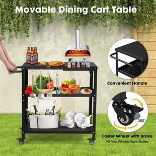Metal Double-Layer Grill Outdoor Hand-Pushed Dining Cart Pizza Oven Home Garden Party Removable Multi-Functional Dining Cart