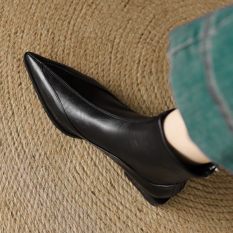 Leather Pointed-toe Stretch Slim With Low 2025 Autumn/winter New Style, Chunky Heel, Versatile Retro Brown Boots_voghion.com