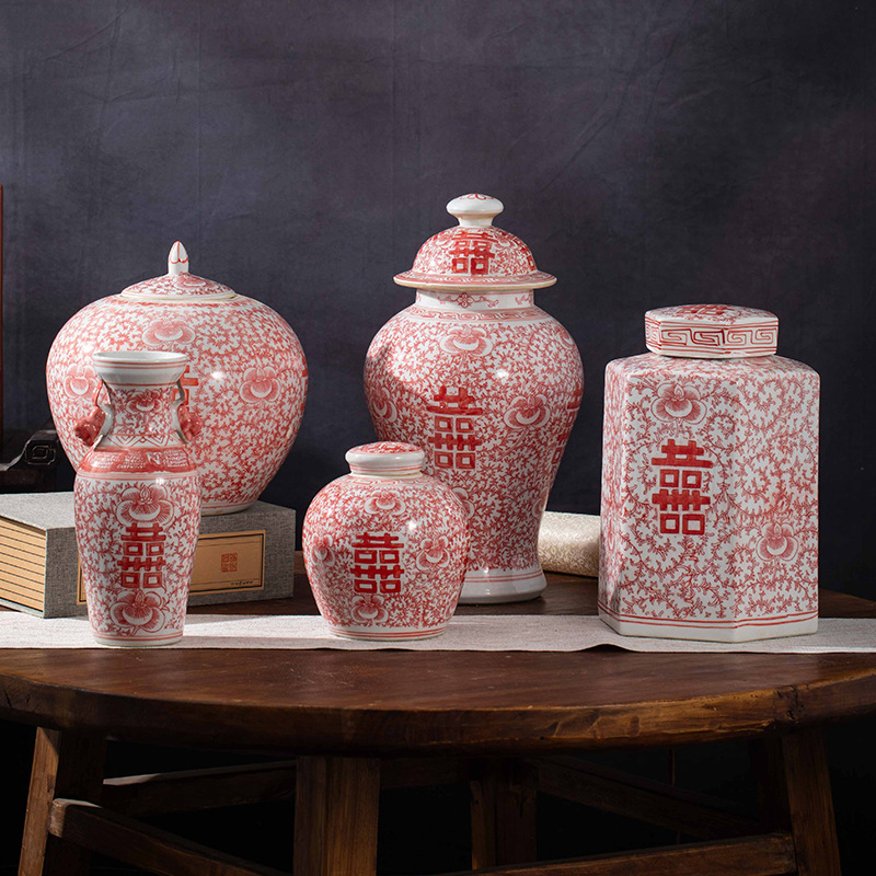 景德镇仿古红喜字将军罐瓷器古董古玩收藏家居摆件陶瓷花瓶摆件
