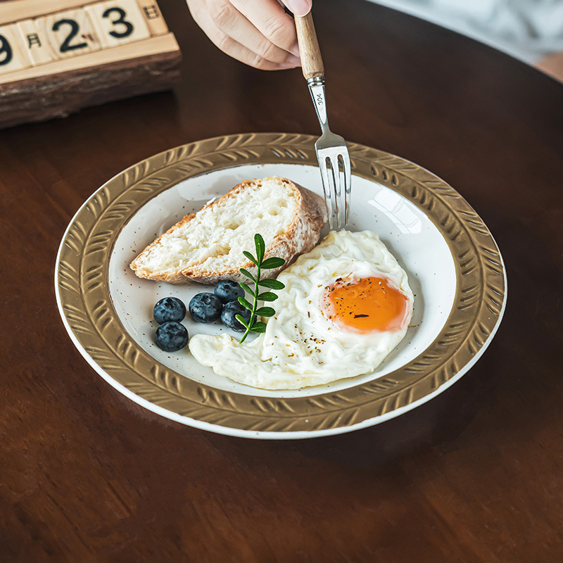 Plato de cerámica creativo, platos de cubierta retro, platos de desayuno superficia, platos de comidas occidentales, platos redondos
