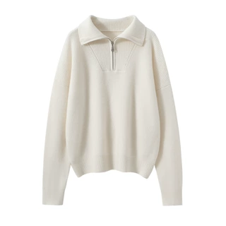 Lekasha cashmere100%纯山羊绒翻领半拉链套衫针织打底衫宽松上衣