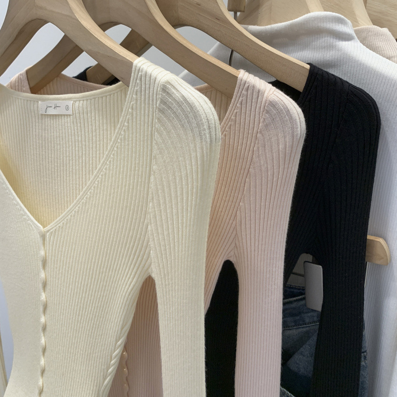 European Design Pink Large V Neck Long-Sleeved Inner Bottoming Knitwear for Women Autumn 2025 New Slim Top for Women