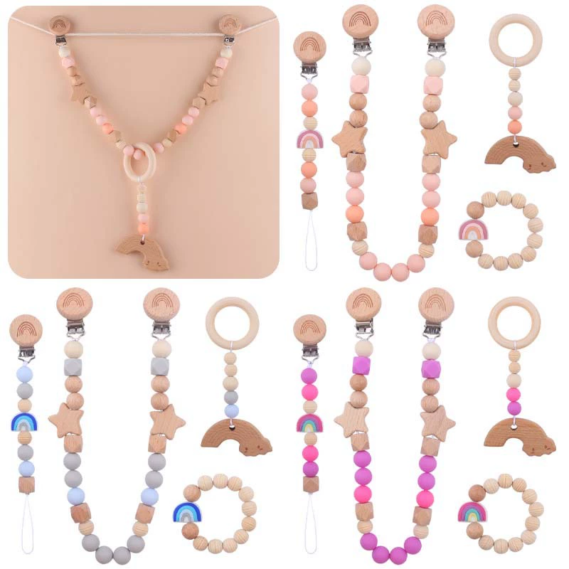 Новые детские товары мультфильм силиконовая Радужная соска для зубов Детская Соска-цепочка Автомобильная подвесная зубная резинка Набор из четырех предметов