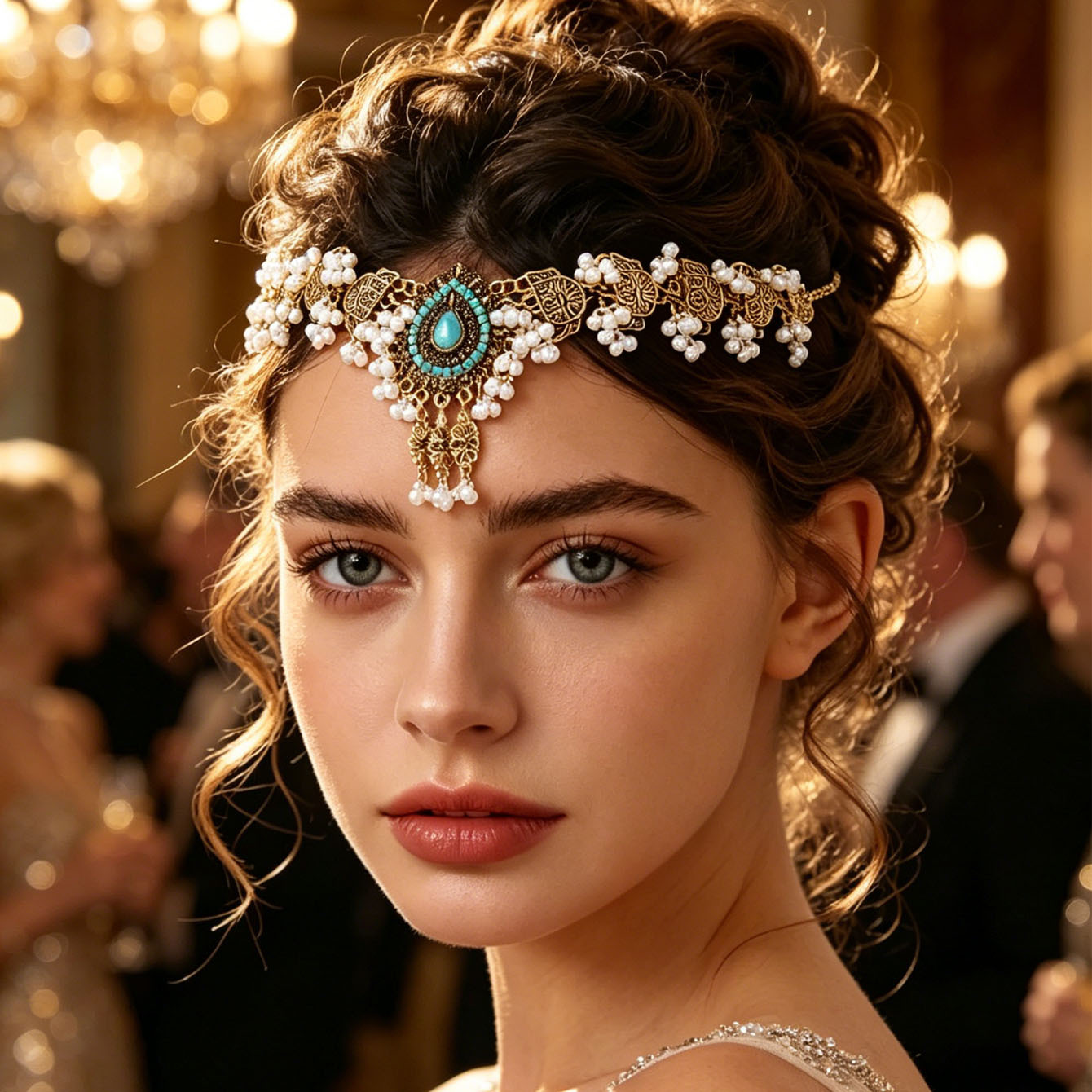 Factory Direct Sales Cross-Border European and American Retro Indian Style Exaggerated Headpiece Hair Chain Luxury Full Diamond Pearl Water Drop Hair Chain