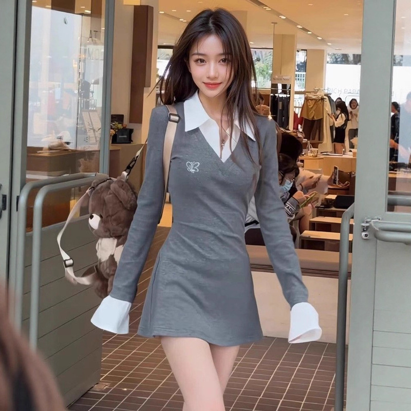 Academy-Style Faux Two-Piece Shirt Dress for Women, Autumn and Winter, Pure and Sexy, Bodycon, Stunning Short Dress with Inner Skirt Academy-Style Faux Two-Piece Shirt Dress for Women, Autumn and Winter, Pure and Sexy, Bodycon, Stunning Short Dress with Inner Skirt