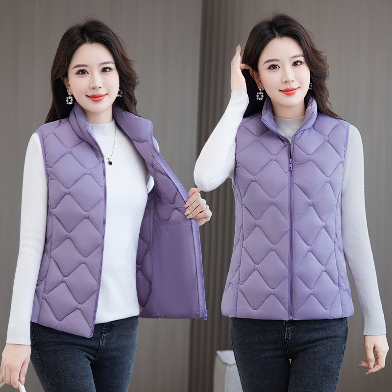 2025 mujeres otoño invierno collar cuadrilátero de diamante grueso chaleco de algodón delgado grueso suelto cremallera bolsillo de algodón clip