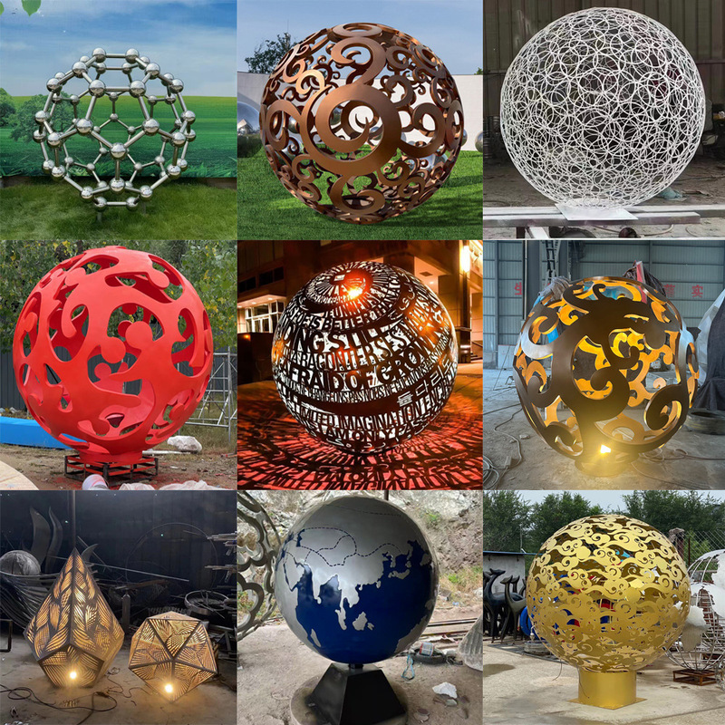 Stainless Steel Hollow Ball Sculpture Metal Sphere Abstract Iron Art Steel Luminous Ball Outdoor Landscape Decoration Ornament