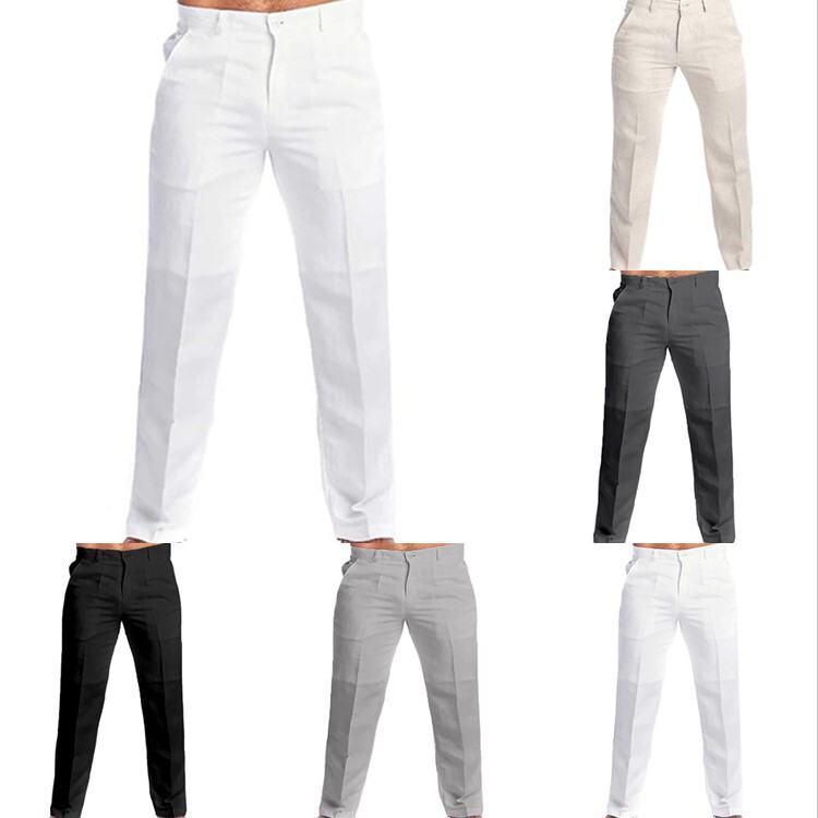 2025 Men's Spring/Summer New Solid Color Linen Slant Pocket Long Loose Casual Trousers