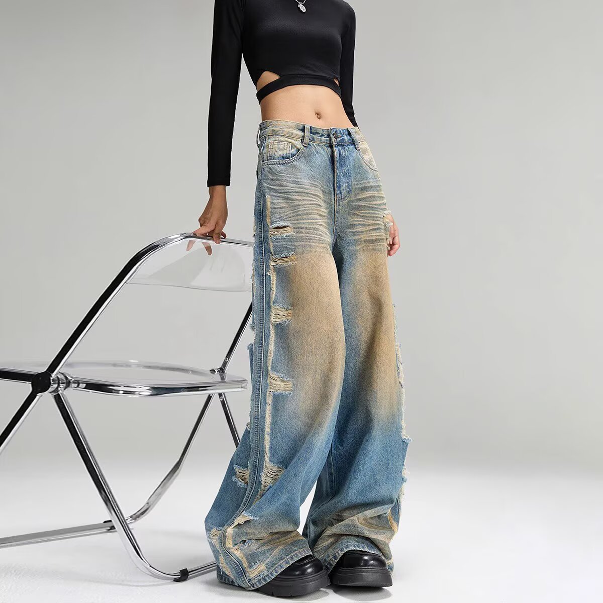 Unisex High-Waisted Wide Leg Jeans Vintage Washed Blue Distressed Artful Rips Bleached 90s Streetwear Revival Non-Stretch Cotton_mkmklike.com