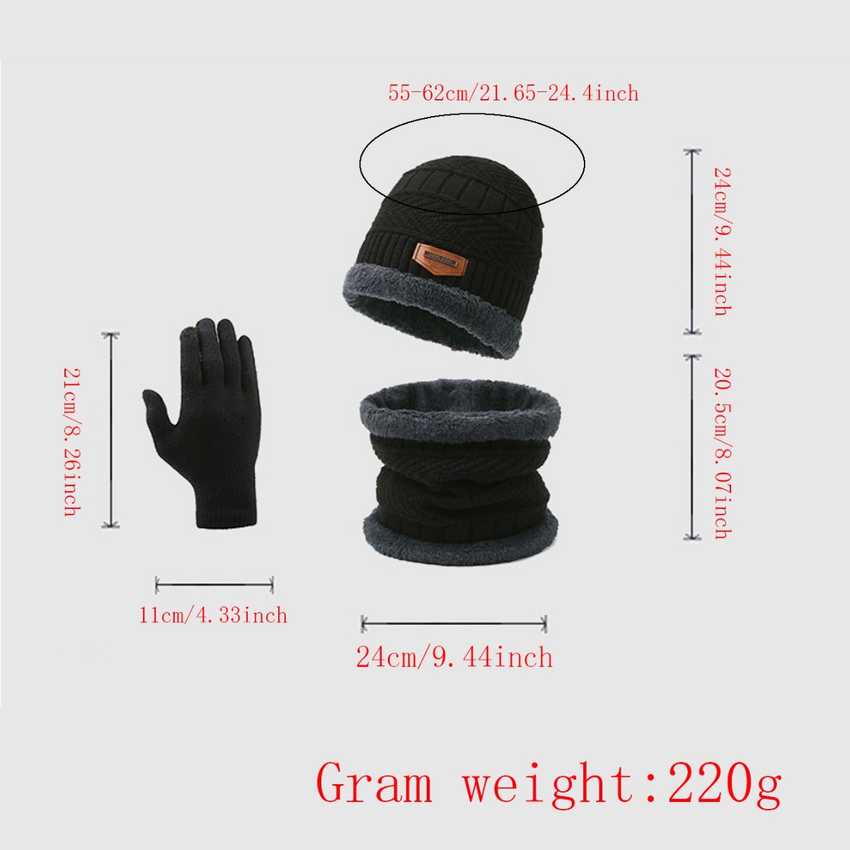 Thickened Cross-Border Knitted Touchscreen Woolen Gloves Non-Slip Winter Scarf Hat Fleece-Lined Three-Piece Set Warm_voghion.com