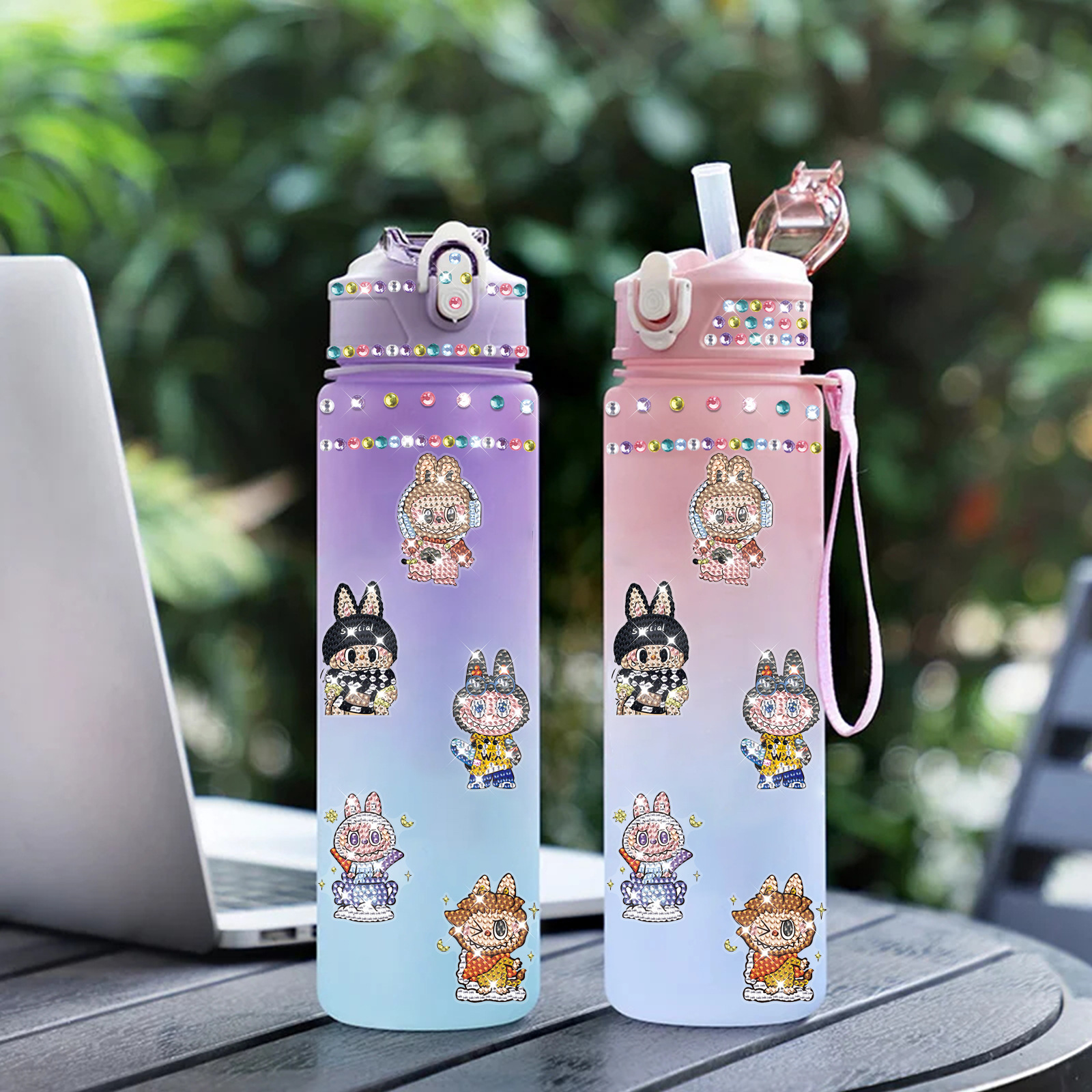 Labubu nueva etiqueta de taza de agua de pintura de diamantes hecha a mano bricolaje decoración de dibujos animados para niños tela rabu pegatinas al azar al por mayor