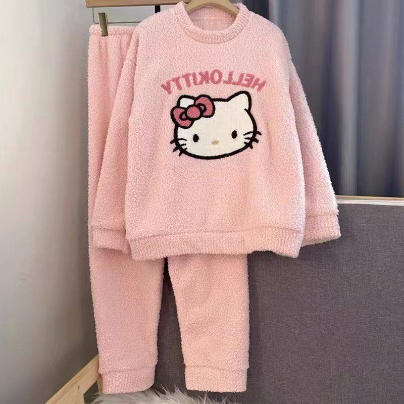 Al por mayor transfronterizo colorido mitad de lana azul KT pijama gato niña gruesa pantalones de manga larga suave conjunto de ropa para el hogar
