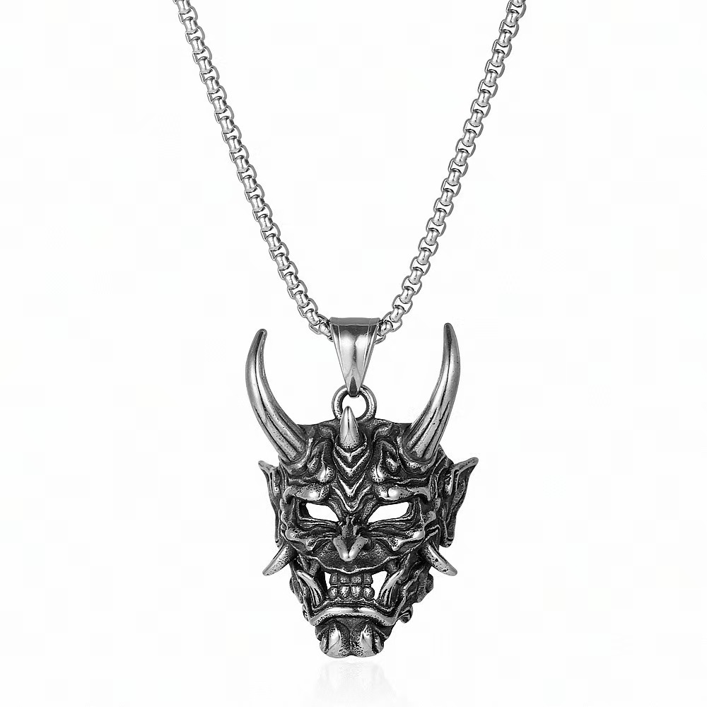 Golden Silver Horn Prajna Men's Ghost Mask Titanium Steel Demon Horror Domineering Sweater Chain Necklace_voghion.com