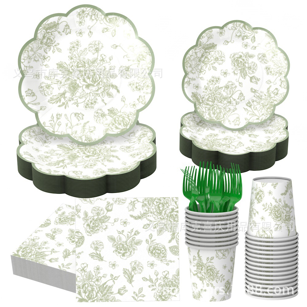 Acuarela salvia encaje fiesta platos de cumpleaños bautismo bandeja de papel desechable taza de papel conjunto de toallas de papel