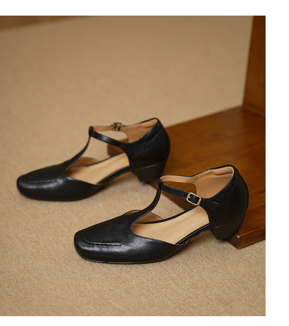 Sandal nữ cao gót mũi nhọn quai chữ T da cừu, gót 5 cm — đen chi tiết 14
