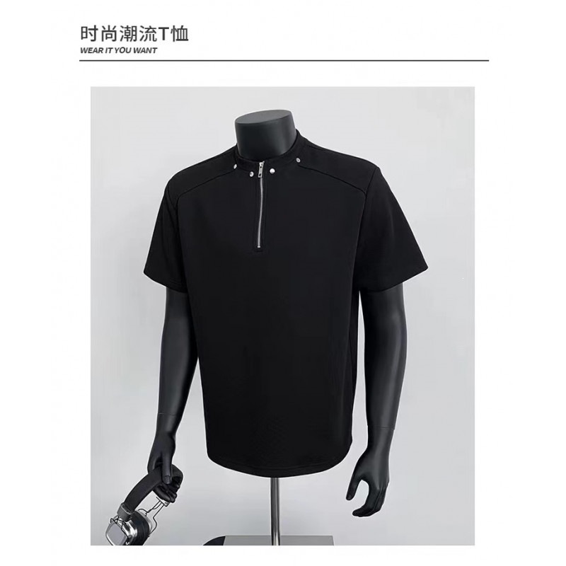 Men's summer trendy high-end men's clothing, heavyweight and simple half-zip short-sleeved couple's summer outfit, light gray.