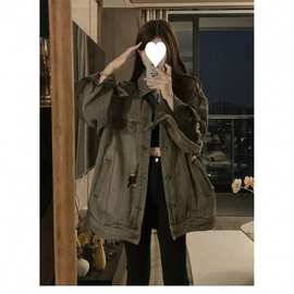 韩版设计感破洞黑灰色牛仔外套女春秋新款复古学生时髦上衣夹克潮