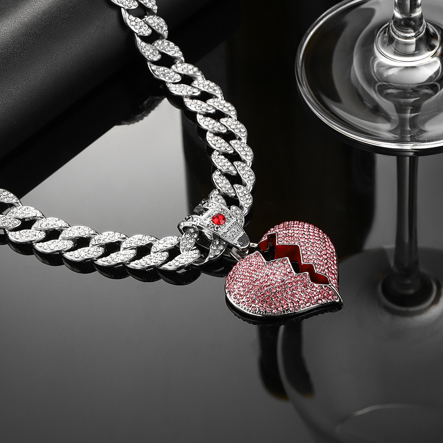 Diamond Broken Heart Necklace With Pink Crystals For Unisex_voghion.com