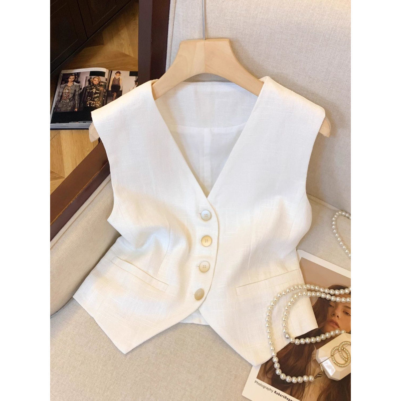 Old Qian Style White Linen Collar Vest Women's Summer French Collar Sleeveless Suit Chic Small Top with Dig Shoulder