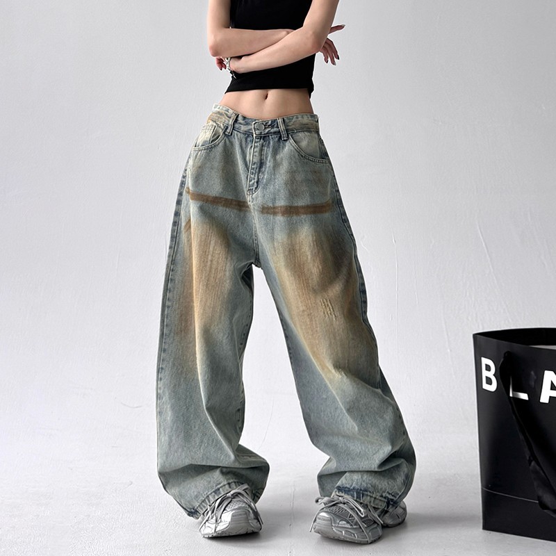 American Retro Yellow Mud Washed Denim Casual Pants for Women 2025 Oversize High Street Hip-Hop Versatile Straight Pants Trendy