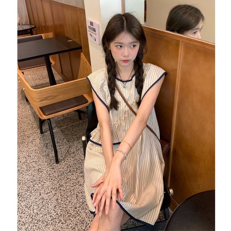 韩国chic条纹小飞袖不规则无袖连衣裙2025年夏季新款短款娃娃裙女