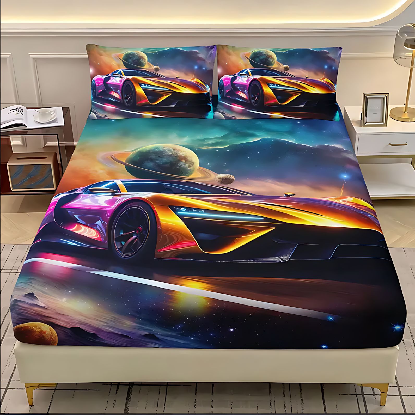 TEMU / JIT Cross-border neon luminoso coche deportivo 3D impresión digital cama gaza pillow kit para dibujar