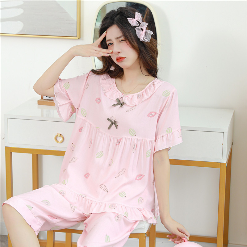 Cotton Silk Pajamas Summer New Short-sleeved Mid-length Pants Thin Rayon Pullover Cute Women's Home Clothes Suit Zixian