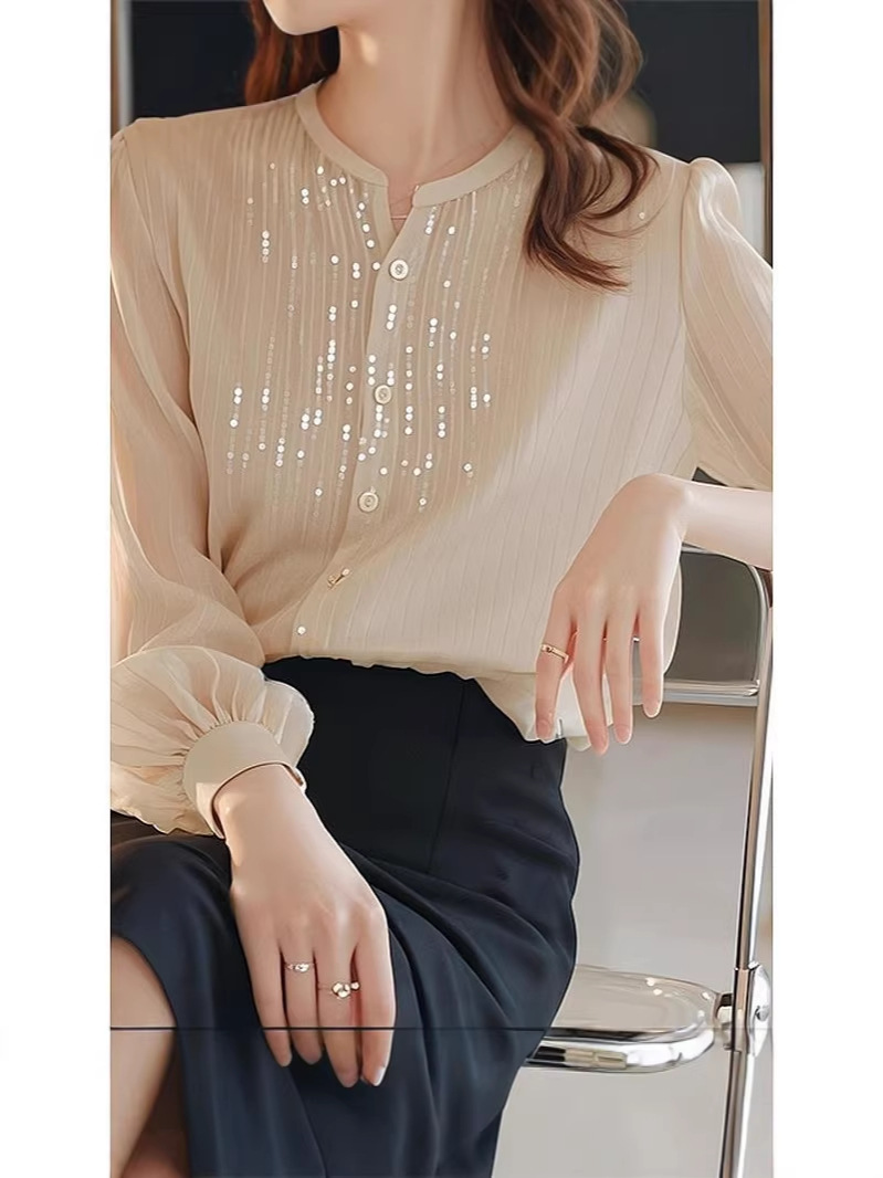 Áo sơ mi nữ dài tay chất liệu lụa trắng phối sequin kiểu Pháp — màu mơ