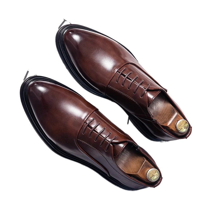 ShoeVault Large Size Men's Leather 2025 New Spring British Business Formal Groom Wedding Brown Pointed Derby Shoes_voghion.com