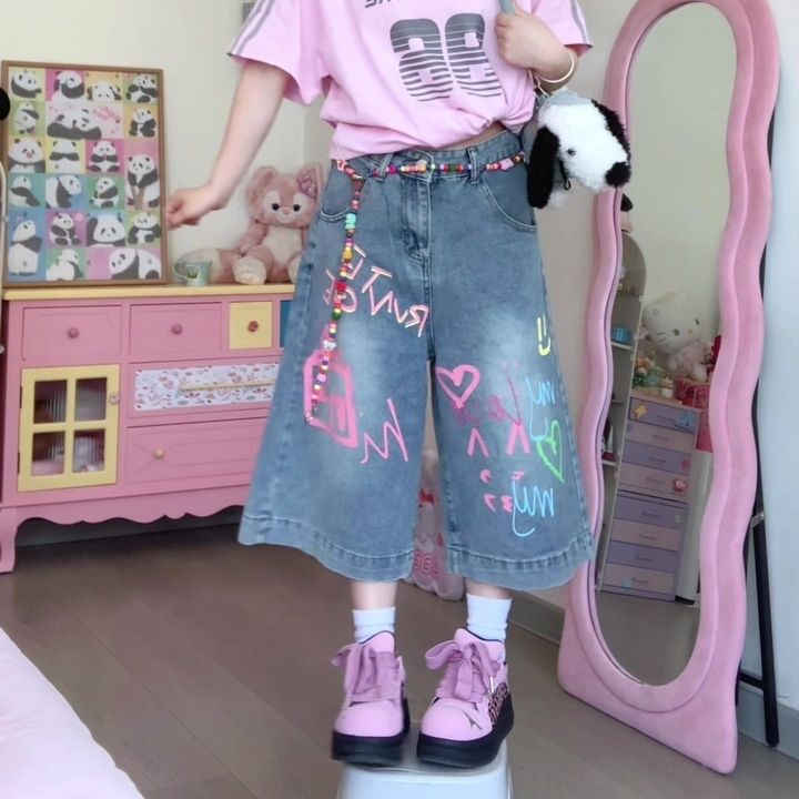 Dopamine Pink Graffiti Hot Girl Denim Capri Pants Women's 2025 Summer New Wide Leg Loose Straight-Leg Pants