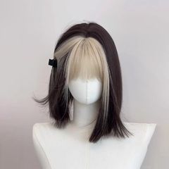 プラチナ前髪染めグラデーション黒挑染パリ画染め超A一刀切短ストレート全頭カバー工場卸売り