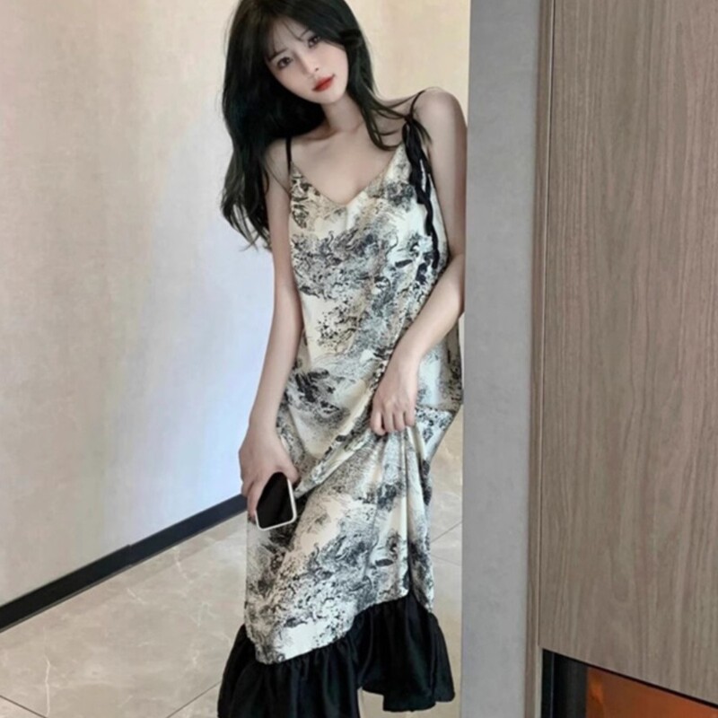 Ink Painting Sexy Suspender Nightgown Summer Women's Pajamas Home Clothes Loose Korean Style Thin Strap Chest Pad Casual Long Skirt