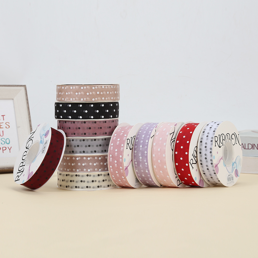 2,5 cm Polka Dot hilo transparente impresión cinta flores floral caja de regalo embalaje con puntos organza fábrica al por mayor