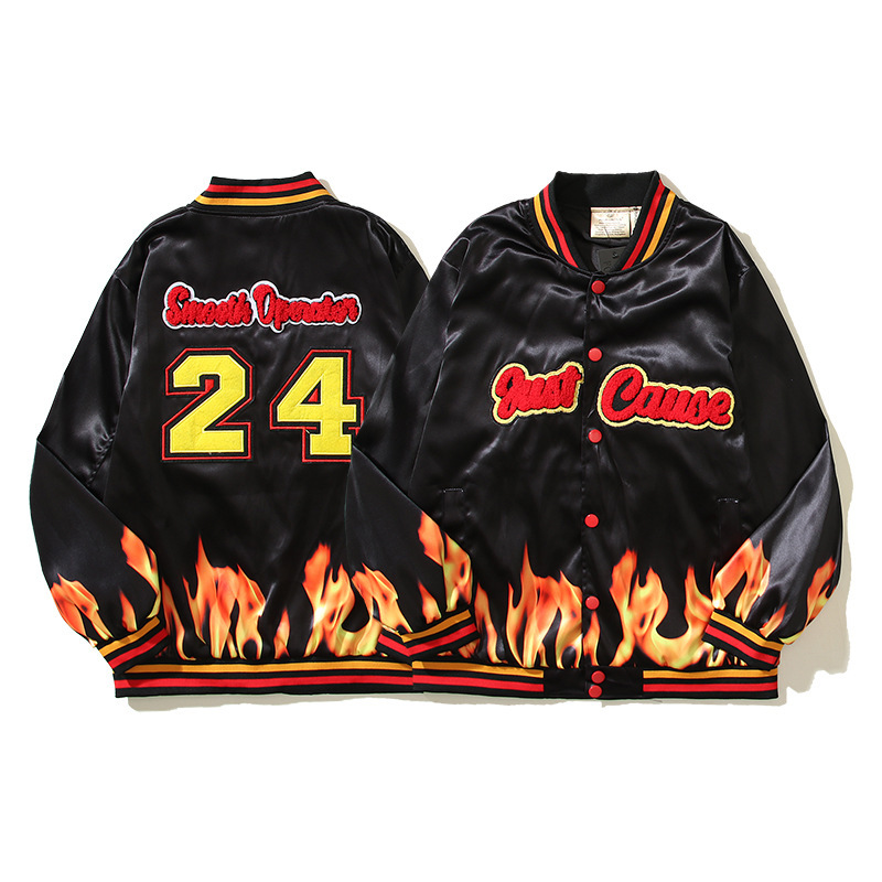 Ins Super Popular Vintage Basketball Retro Towel Embroidered Flame Print Sports Baseball Jacket Nba Men's Leather Jacket